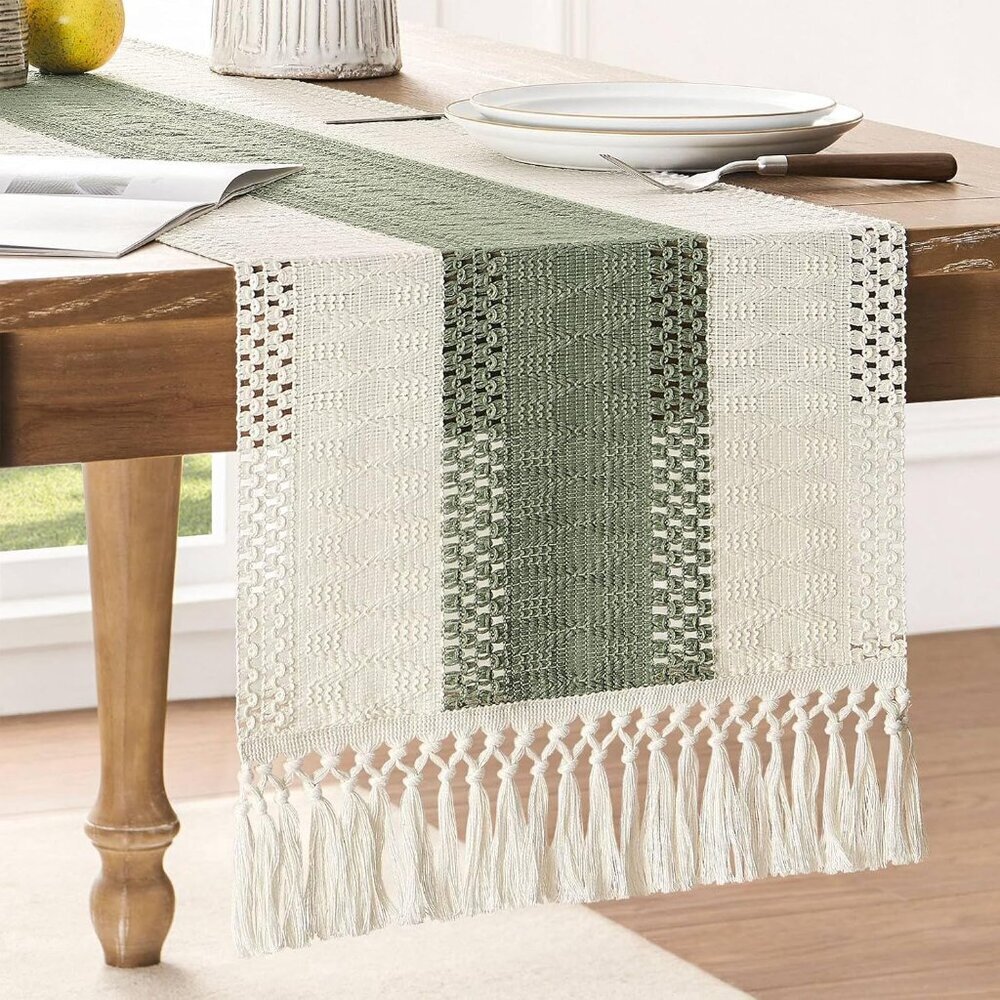 Macrame Style Bicolor Stitching , 14 x 72 Inch Green/Ivory, Boho Sage Green s 72